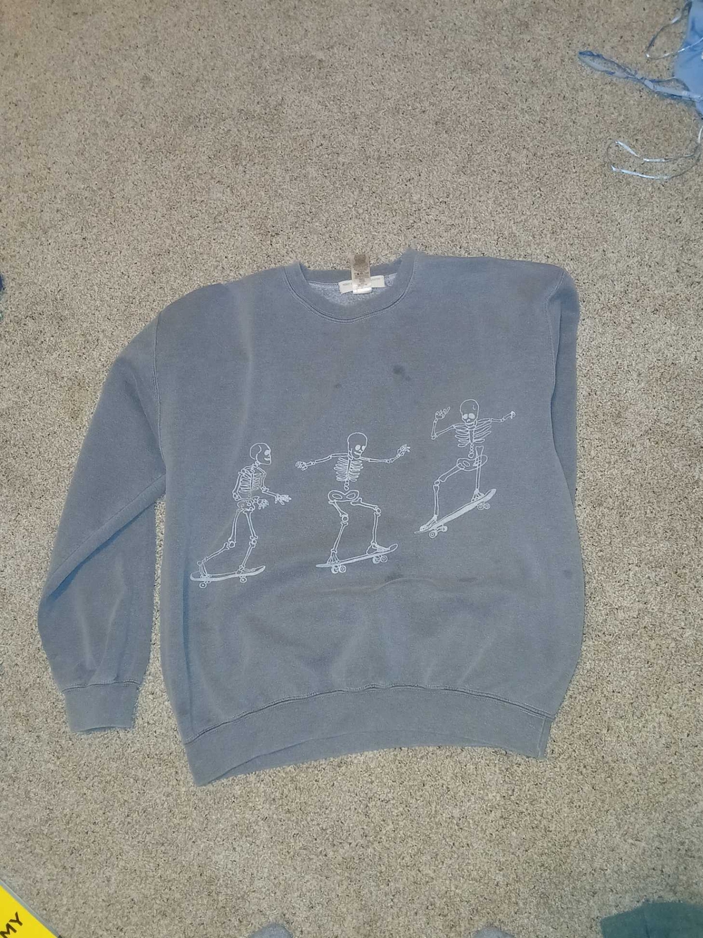Project Social T Men's Slate Gray Crewneck with White Skeleton Skateboard Design